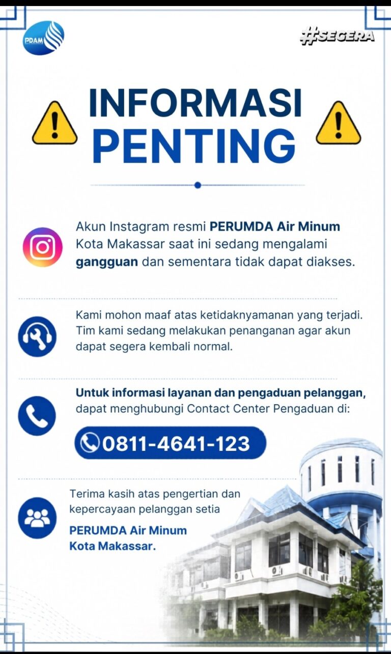 Akun Instagram Resmi Perumda Air Minum Makassar Alami Gangguan, Pelanggan Diminta Hubungi Contact Center