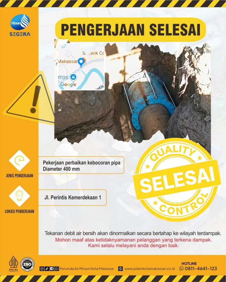 PDAM Makassar Tuntaskan Perbaikan Kebocoran Pipa Diameter 400 mm di Jalan Perintis Kemerdekaan