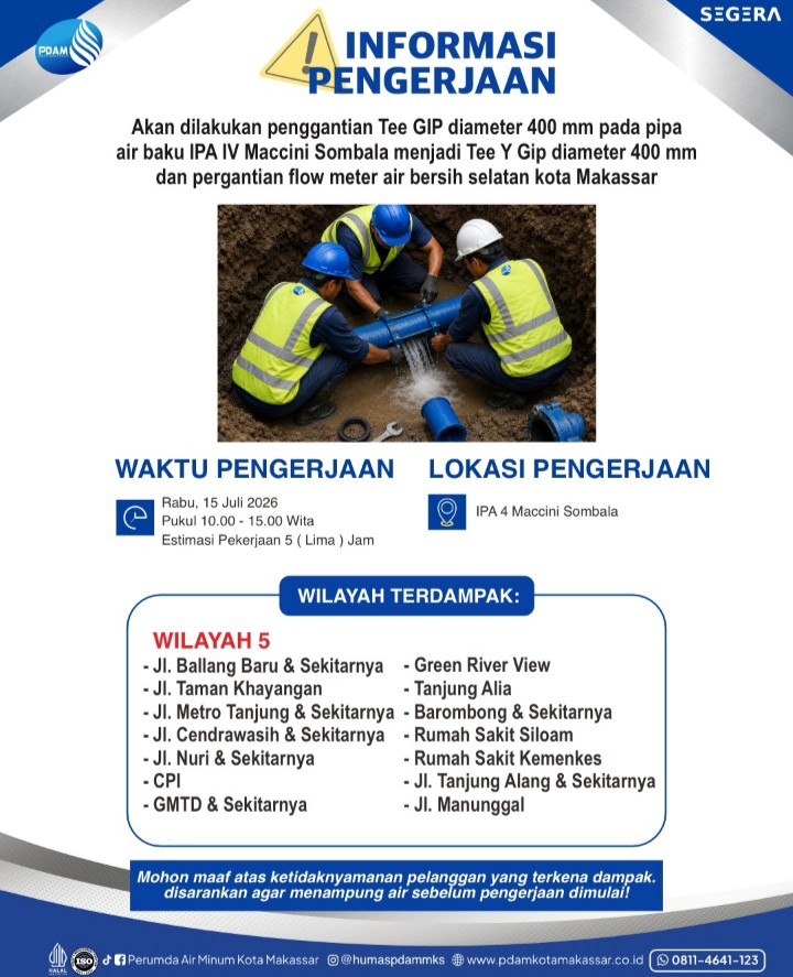PDAM Kota Makassar Lakukan Pengerjaan di IPA IV Maccini Sombala, Sejumlah Wilayah Alami Gangguan Distribusi Air