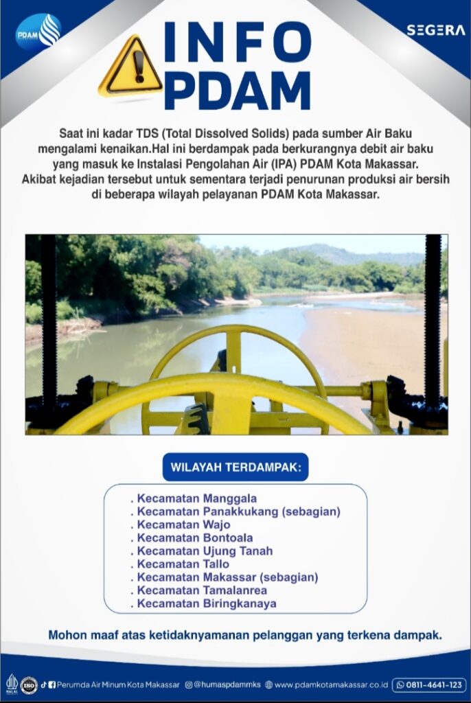 TDS Air Baku Meningkat, Produksi Air Bersih PDAM Makassar Sementara Menurun di Sejumlah Wilayah
