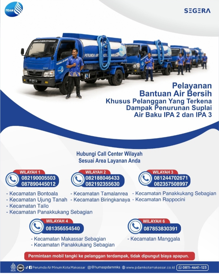 PDAM Makassar Perkuat Layanan di Tengah Kekeringan, Tangki Air Gratis Siaga hingga 24.00 Wita