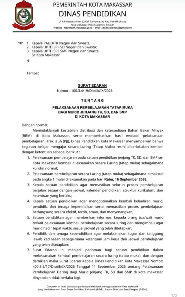 Antrean BBM Mulai Longgar, Disdik Makassar Kembalikan Siswa TK-SMP ke Sekolah Mulai Besok