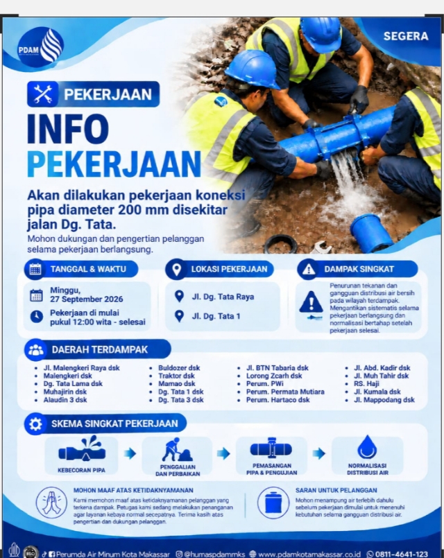 PDAM Makassar Lakukan Pekerjaan Koneksi Pipa 200 mm di Kawasan Dg. Tata, Warga Diminta Siapkan Persediaan Air